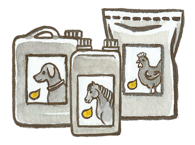Illustration von Tierfutter-Verpackungen mit Hund, Pferd und Huhn, jeweils mit goldenem Öltropfen, passend zur Kategorie Tierfutter der Ölmühle Garting.