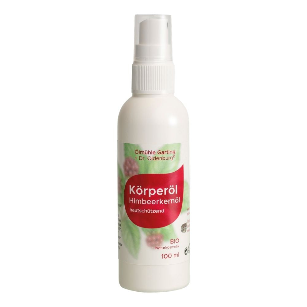 Bio Körperöl mit Himbeerkernöl mit hautschützenden Eigenschaften von Dr. Oldenburg und Ölmühle Garting in 100 ml Flasche mit weißem Pumpverschluss auf weißem Hintergrund