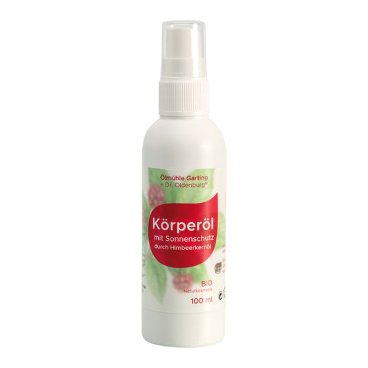 Bio Körperöl Sonnenschutz mit Himbeerkernöl von Dr. Oldenburg und Ölmühle Garting in 100 ml Flasche mit weißem Pumpverschluss auf weißem Hintergrund