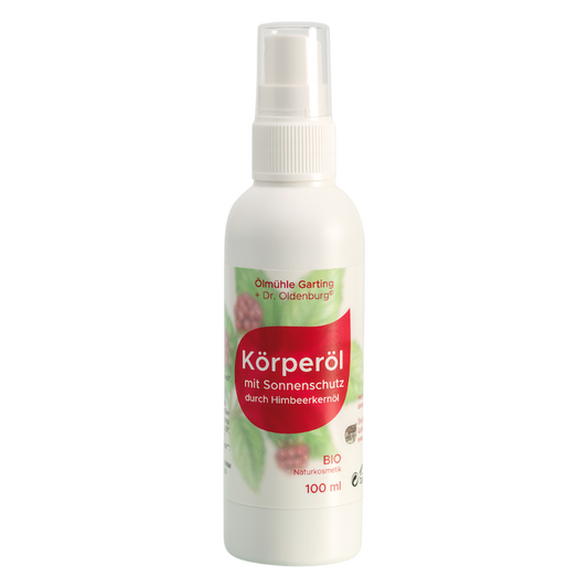 Bio Körperöl Sonnenschutz mit Himbeerkernöl von Dr. Oldenburg und Ölmühle Garting in 100 ml Flasche mit weißem Pumpverschluss auf weißem Hintergrund