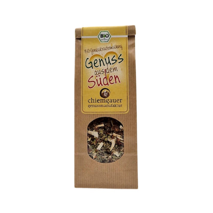 Bio Genusskräutermix, 55 g in brauner Tüte von Chiemgauer Genussmanufaktur, auf weißem Hintergrund