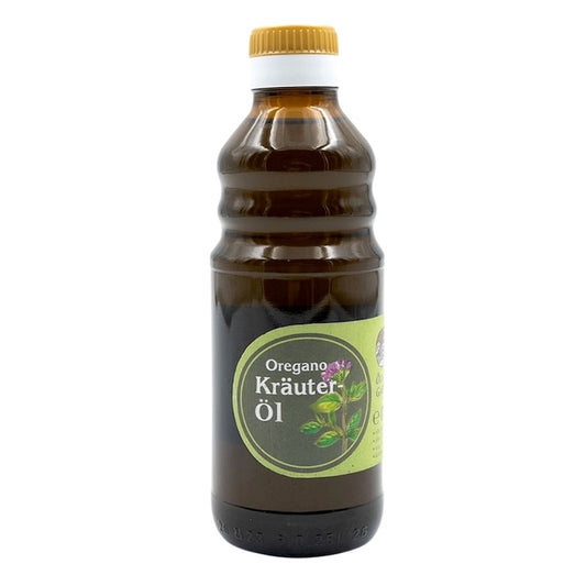 Oregano Kräuteröl nativ kaltgepresst, 250 ml in brauner Glasflasche der Ölmühle Garting mit grünem Etikett auf weißem Hintergrund