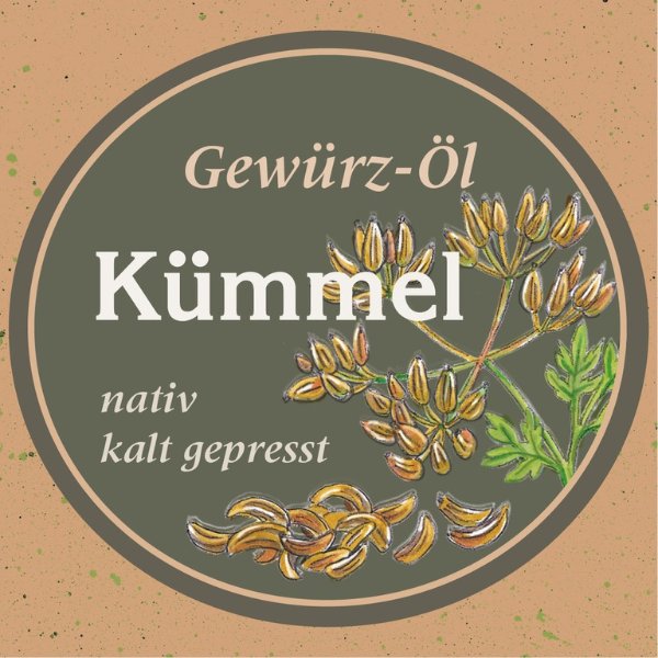 Etikettendesign Kümmelöl – Gewürzöl aus Kümmelsamen, nativ kaltgepresst, Ölmühle Garting