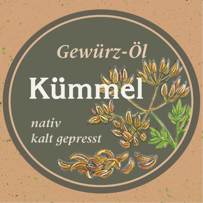 Etikettendesign Kümmelöl – Gewürzöl aus Kümmelsamen, nativ kaltgepresst, Ölmühle Garting
