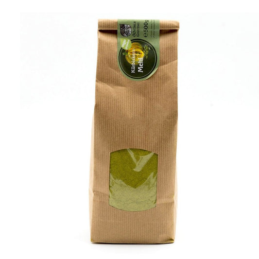 Kürbiskernmehl, 500g Tüte der Ölmühle Garting, vegan und glutenfrei mit grünem Etikett auf weißem Hintergrund