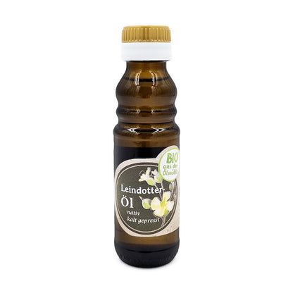 Bio Leindotteröl nativ kaltgepresst, 100 ml in brauner Glasflasche der Ölmühle Garting mit beigem Etikett auf weißem Hintergrund