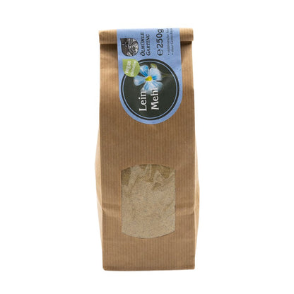 Leinmehl, 250g Tüte der Ölmühle Garting, vegan und glutenfrei mit blauem Etikett auf weißem Hintergrund