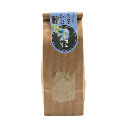 Leinmehl, 250g Tüte der Ölmühle Garting, vegan und glutenfrei mit blauem Etikett auf weißem Hintergrund