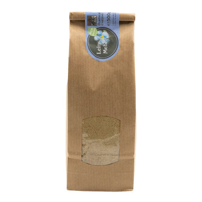 Leinmehl, 500g Tüte der Ölmühle Garting, vegan und glutenfrei mit blauem Etikett auf weißem Hintergrund