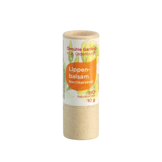 Bio Lippenbalsam mit Nachtkerzenöl, natürlich und vegan, Naturkosmetik, Ölmühle Garting und Dr. Oldenburg, Lippenstift auf weißem Hintergrund