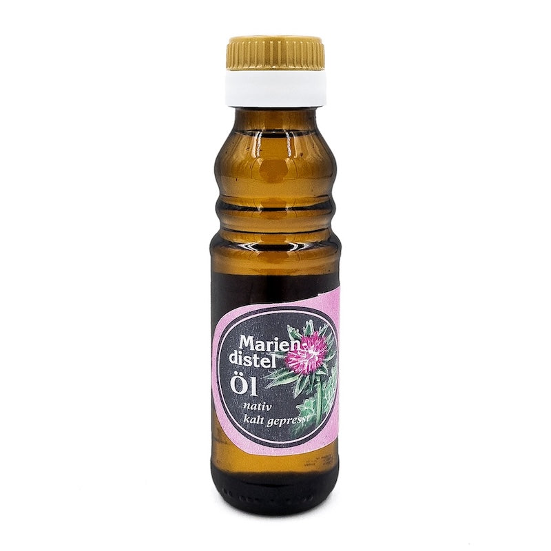 Mariendistelöl nativ kaltgepresst, 100 ml in brauner Glasflasche der Ölmühle Garting auf weißem Hintergrund