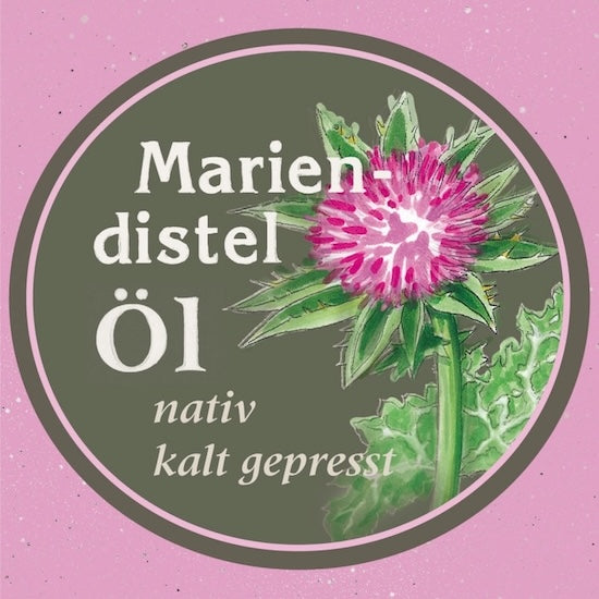 Etikett des Mariendistelöl nativ kaltgepresst, Ölmühle Garting mit gezeichneter Mariendistel