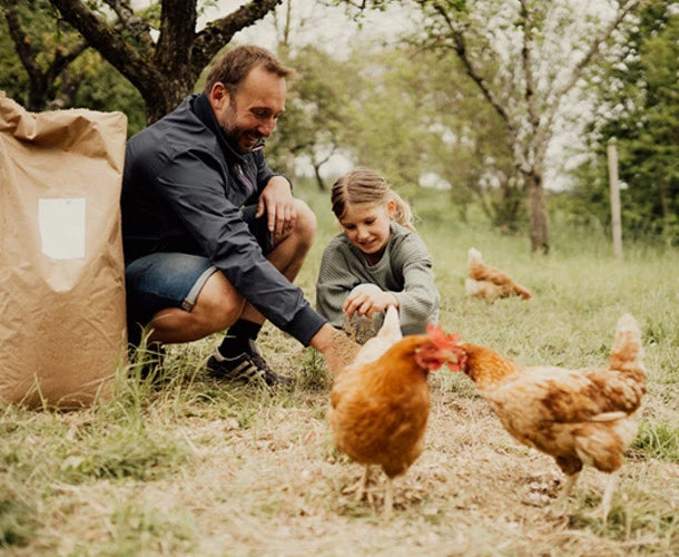 Mann und Mädchen füttern gemeinsam Hühner im Freien neben einem großen Futtersack – natürliche Tierfütterung mit Produkten der Ölmühle Garting