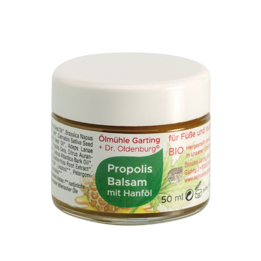 Propolis Balsam mit Hanföl, 50 ml Glas mit Schraubverschluss von Dr. Oldenburg und Ölmühle Garting auf weißem Hintergrund
