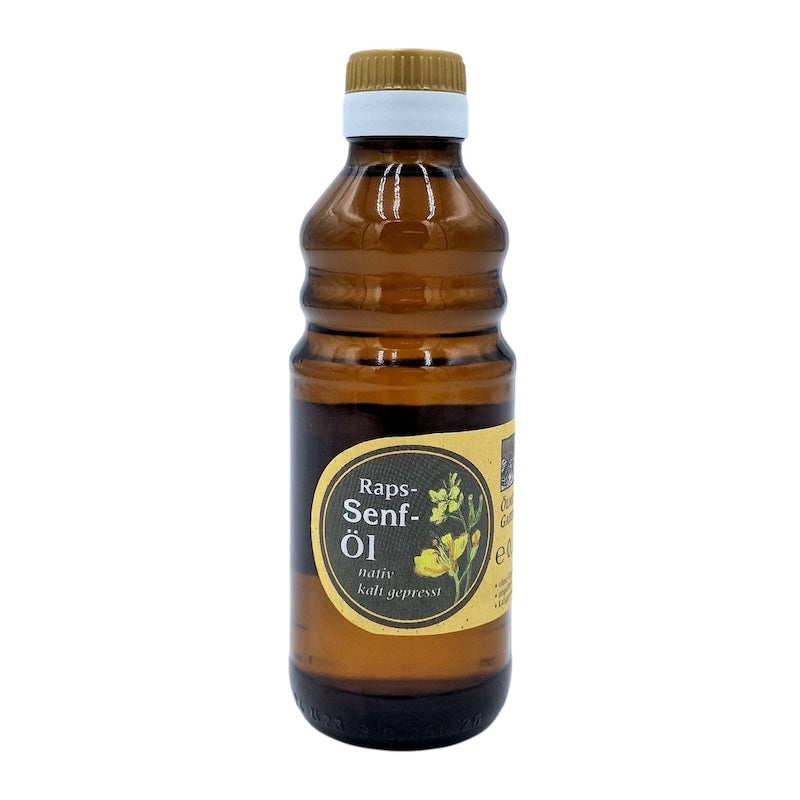 Raps-Senf-Öl nativ kaltgepresst, 250 ml in brauner Glasflasche der Ölmühle Garting mit gelben Etikett auf weißem Hintergrund