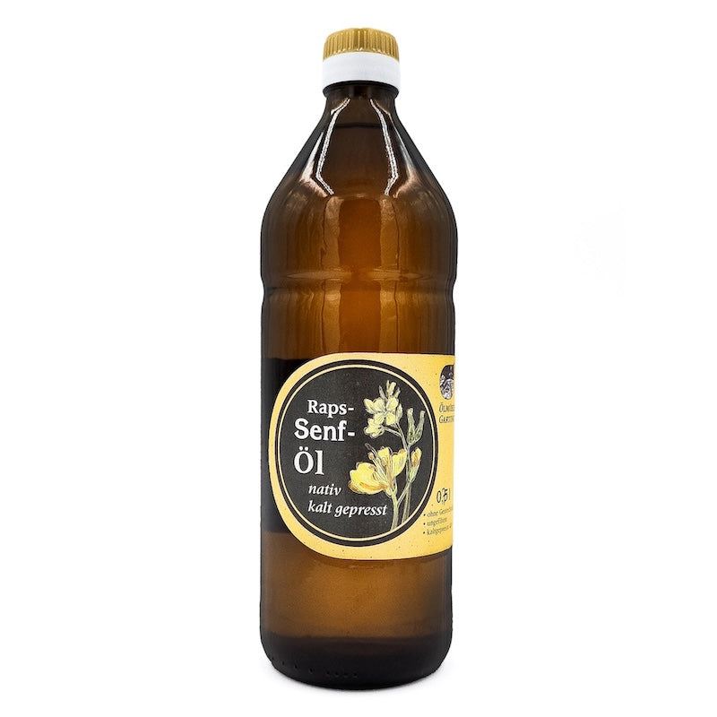 Raps-Senf-Öl nativ kaltgepresst, 750 ml in brauner Glasflasche der Ölmühle Garting mit gelben Etikett auf weißem Hintergrund