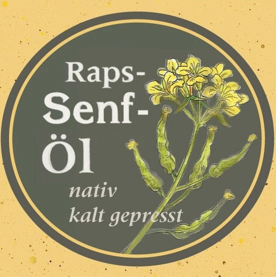 Etikett des Raps-Senf-Öl nativ kaltgepresst: Ölmühle Garting mit gezeichneter Senfblüte