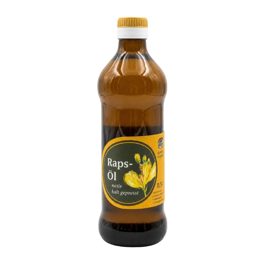 500-ml-Flasche natives kaltgepresstes Rapsöl der Ölmühle Garting aus regionaler Rapssaat