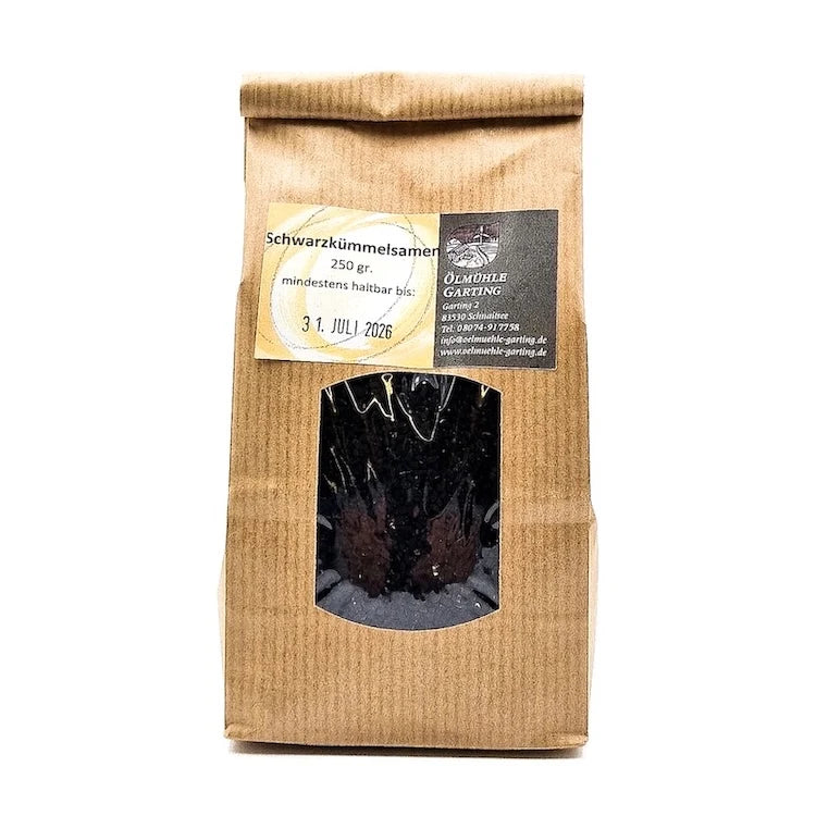 Schwarzkümmelsamen in Papierbeutel mit Sichtfenster, 250 g – Ölmühle Garting