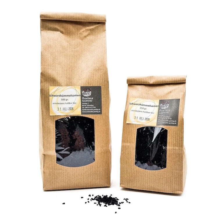 Schwarzkümmelsamen in Papierbeuteln mit Sichtfenster, verschiedene Größen – Ölmühle Garting
