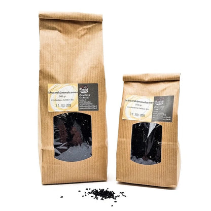 Schwarzkümmelsamen in Papierbeuteln mit Sichtfenster, verschiedene Größen – Ölmühle Garting
