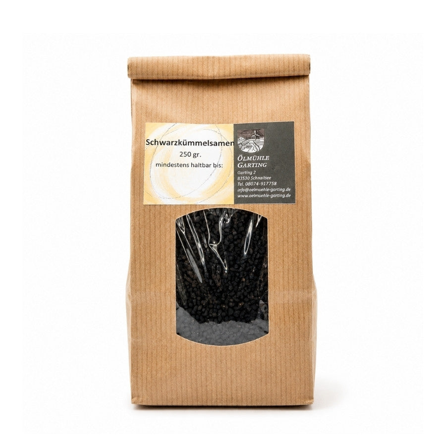 Schwarzkümmelsamen der Ölmühle Garting in 250-g-Papiertüte mit Sichtfenster und Produktetikett.