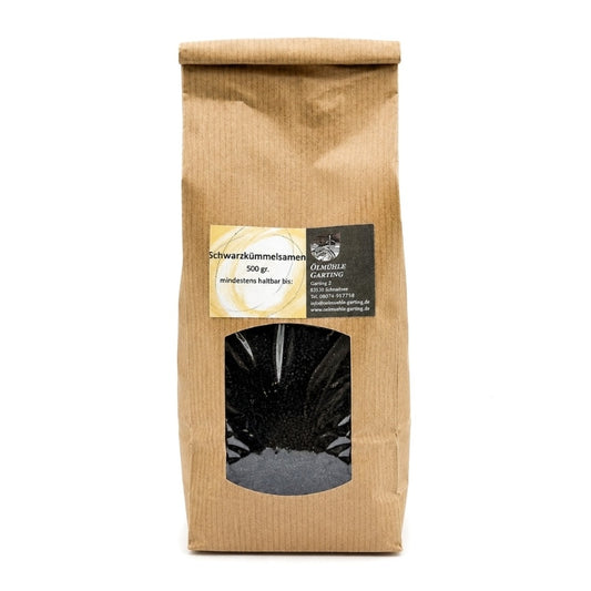 Schwarzkümmelsamen der Ölmühle Garting in 500-g-Papiertüte mit Sichtfenster und Produktetikett.