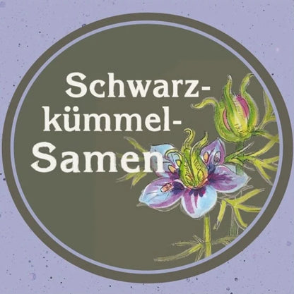 Design Schwarzkümmelsamen mit Blütenillustration – Ölmühle Garting
