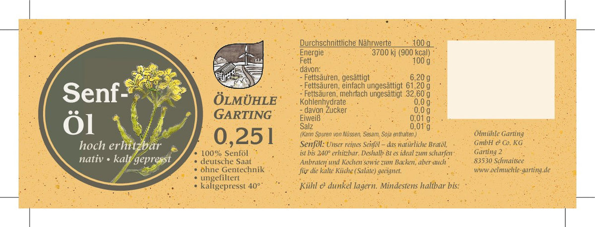 Etikett des nativen kaltgepressten Senföls der Ölmühle Garting mit Produktangaben und Nährwerttabelle