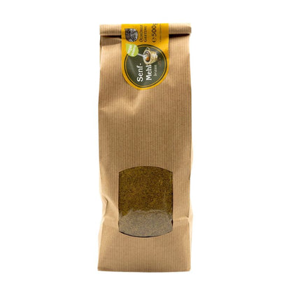 Senfmehl braun, 500g Tüte der Ölmühle Garting, vegan und glutenfrei mit gelbem Etikett auf weißem Hintergrund