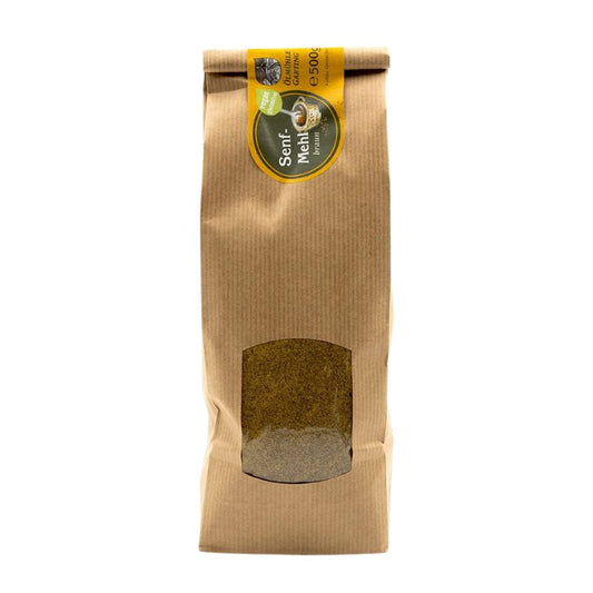 Senfmehl braun, 500g Tüte der Ölmühle Garting, vegan und glutenfrei mit gelbem Etikett auf weißem Hintergrund