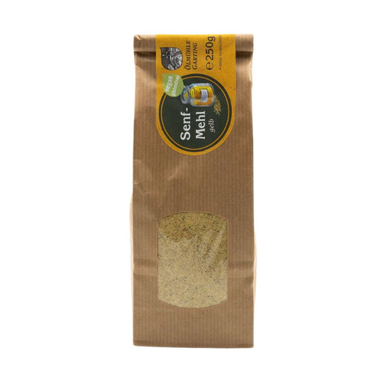 Senfmehl gelb, 250g Tüte der Ölmühle Garting, vegan und glutenfrei mit gelbem Etikett auf weißem Hintergrund