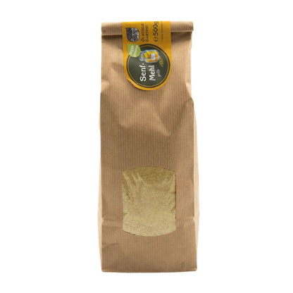 Senfmehl gelb, 500g Tüte der Ölmühle Garting, vegan und glutenfrei mit gelbem Etikett auf weißem Hintergrund