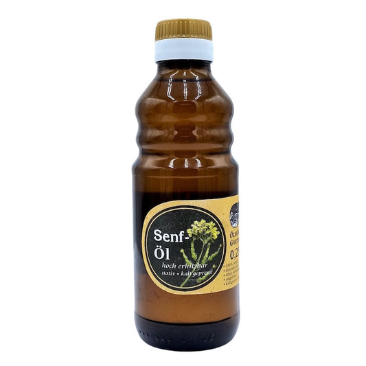 Flasche kaltgepresstes Senföl-Bratöl der Ölmühle Garting mit Etikett, 250 ml Glasflasche.