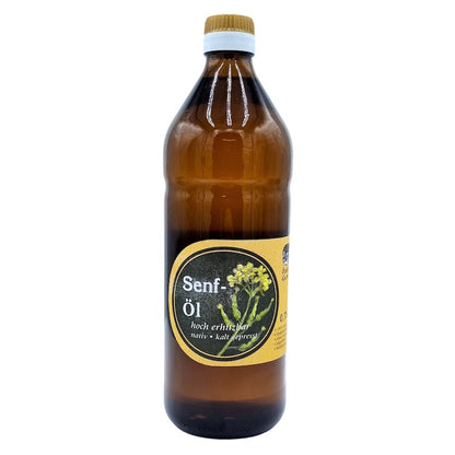 Flasche kaltgepresstes Senföl-Bratöl der Ölmühle Garting mit Etikett, 750 ml Glasflasche
