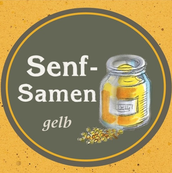 Illustration eines Glases mit Senfkörnern und der Aufschrift Senfsamen gelb