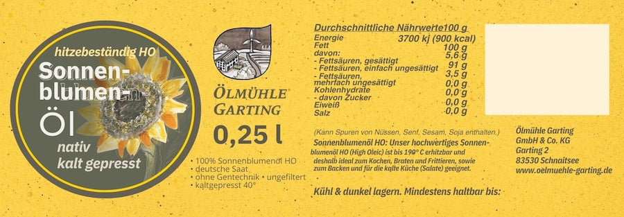 Etikett des nativen kaltgepressten High-Oleic-Sonnenblumenöls der Ölmühle Garting mit Produktangaben und Nährwerttabelle