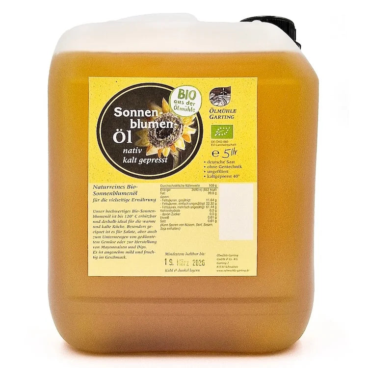 Bio Sonnenblumenöl nativ kaltgepresst, 5 Liter in Kanister der Ölmühle Garting auf weißem Hintergrund