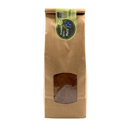 Traubenkernmehl, 500g Tüte der Ölmühle Garting, vegan und glutenfrei mit grünem Etikett auf weißem Hintergrund