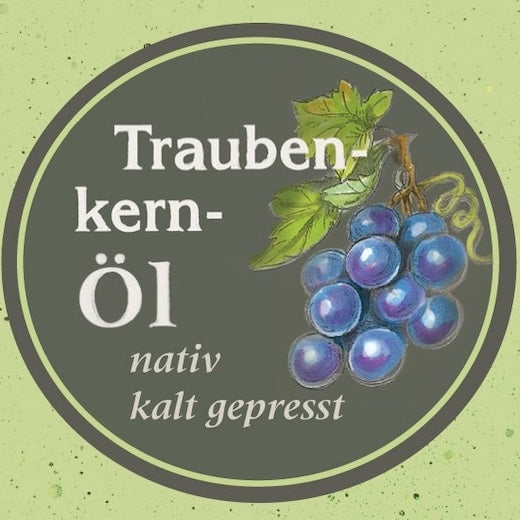 Etikett des Traubenkernöls nativ kaltgepresst der Ölmühle Garting mit lila Traubenrebe gezeichnet