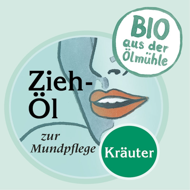 Etikett des Bio Ziehöl Kräuter zur Mundpflege, mit Biosiegel der Ölmühle Garting und illustriertem Mund auf hellblauem Hintergrund