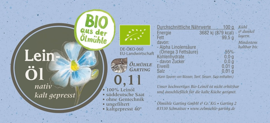 Produktetikett des Bio-Leinöls der Ölmühle Garting mit EU-Bio-Siegel und Nährwertangaben.