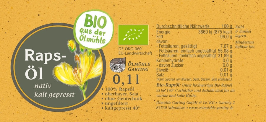 Etikett des nativen kaltgepressten Rapsöls der Ölmühle Garting mit Produktinformationen und Nährwerten