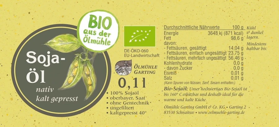 Etikett Bio Sojaöl nativ kaltgepresst mit Sojaschoten-Illustration – Ölmühle Garting