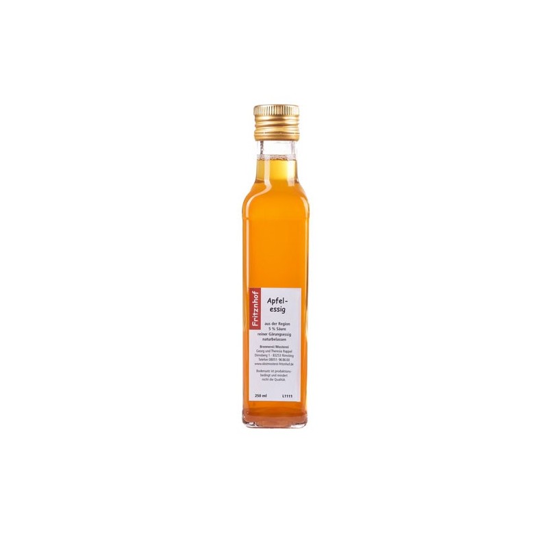 Apfelessig naturbelassen aus der Region, 250 ml Glasflasche des Fritznhof mit weißem Etikett auf weißem Hintergrund 