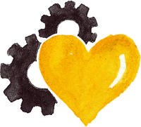 Icon-Illustration mit schwarzem Zahnrad und goldenem Herz – steht für die gewissenhafte und vielseitige Arbeit des Teams der Ölmühle Garting.