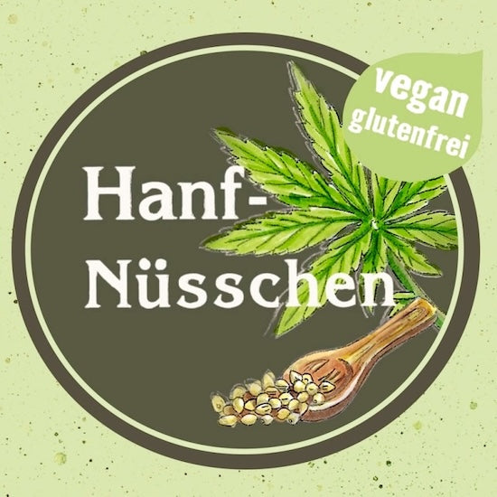 Produktgrafik der Hanfnüsschen der Ölmühle Garting mit Hanfblatt sowie den Hinweisen „vegan“ und „glutenfrei“.