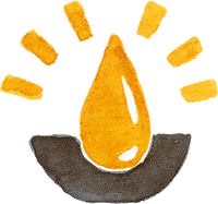 Icon-Illustration eines goldenen Öltropfens in einer Schale auf beige-cremefarbenem Hintergrund, Symbol für die Vollwertigkeit der Lebensmittel der Ölmühle Garting.“