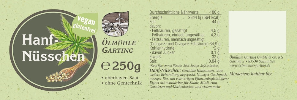Produktetikett der Hanfnüsschen der Ölmühle Garting mit Nährwertangaben, Zutaten und Produktinformationen.
