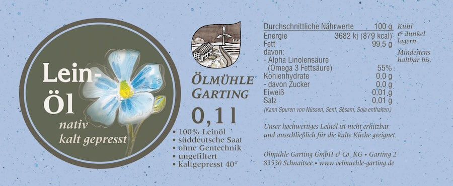 Produktetikett des Leinöls der Ölmühle Garting mit Nährwertangaben und Produktinformationen.